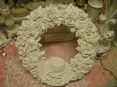 WHITE ROSES&GARDEN HAT RESIN WREATH~Shabby~Cottage~Chic  